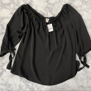 NEW! J CREW Black Scoop Boat Neck Tie Sleeves Blouse Casual Top Shirt Small
